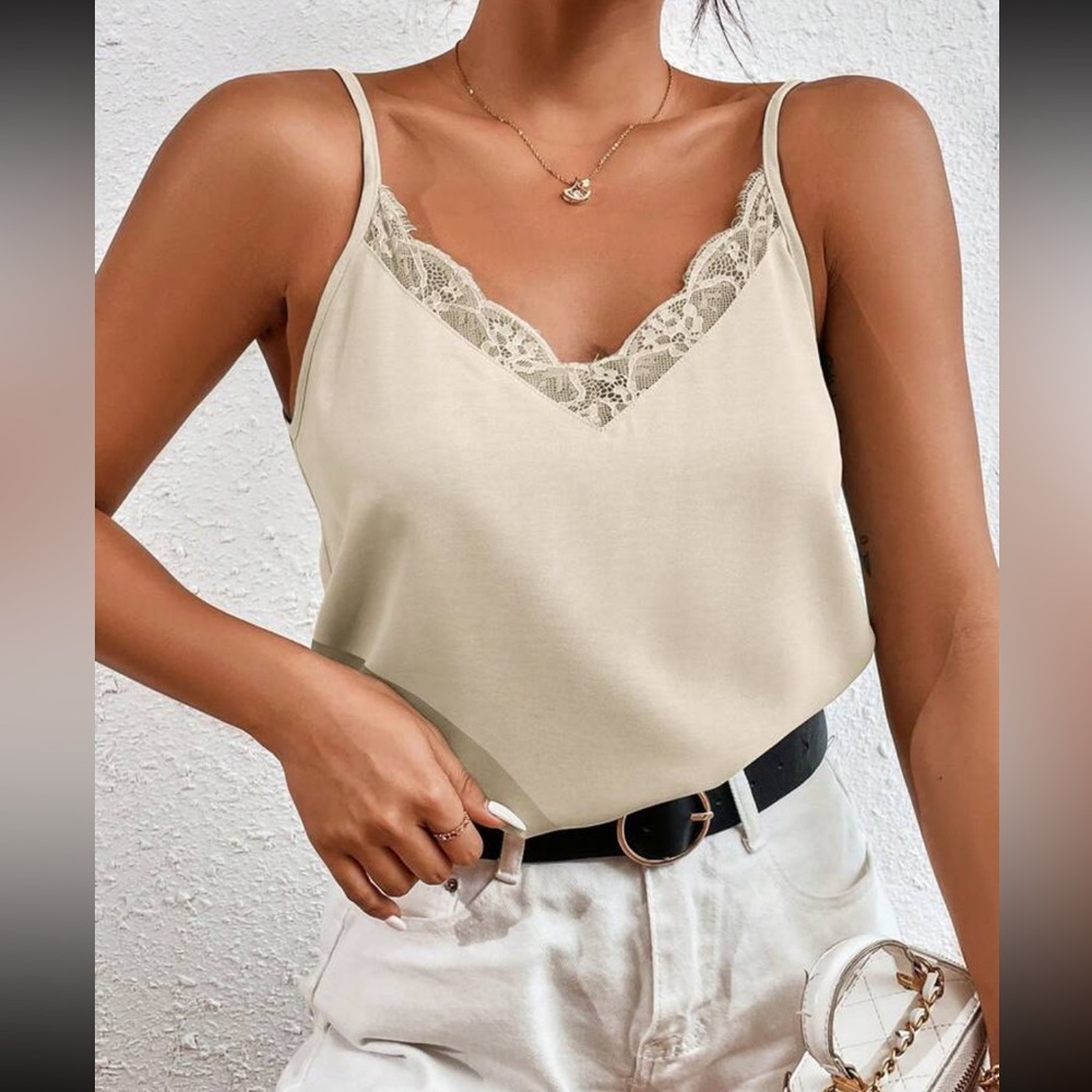 Elegant Cream Lace Trim Cami Top